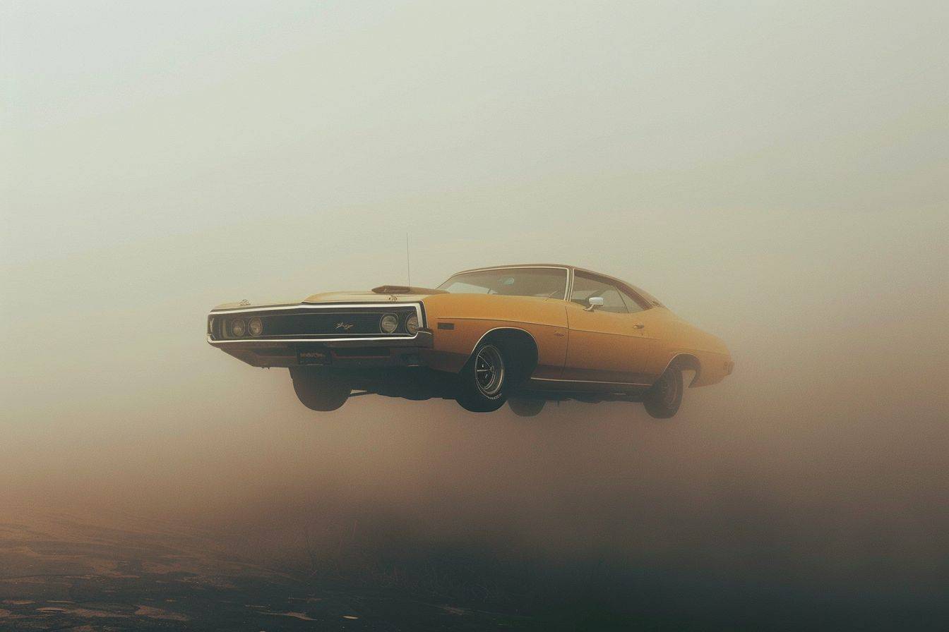 Fine art photography invites you to peer through the hazy air, where a 1970s photograph catches your eye. In this image, a vintage muscle car floats in the air. The only object is the car. The background is void of anything, just haze, enhancing the sense of isolation and mystery. The scene is characterized by a heavy metal aesthetic, atmospheric, minimalism, and modern surrealism --ar 3:2