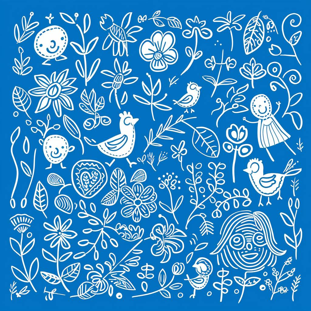 自然ならびにディテールのこまやかな野生風デザイン。明るい青い背景色に淡いグレーのラインで花、葉っぱ、鳥、子供が描かれたイラスト。