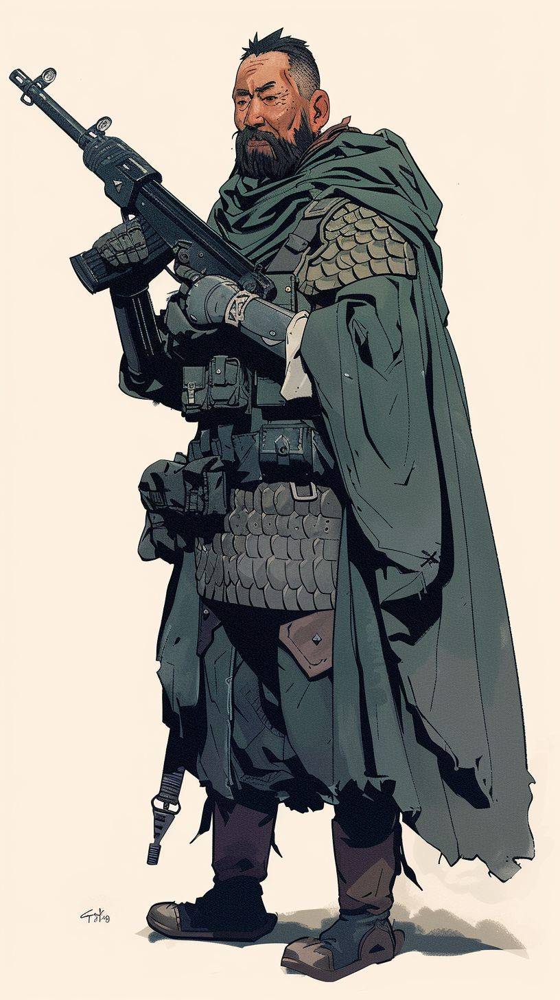 An ancient Chinese soldier holding a machine gun, wearing a grey cloak and dark green armor with black scales on it. He has very short hair and beard and is smiling. In the style of Hergé, with flat comic colors, bold lines, simple details, and a minimalist illustration style that is symmetrical.