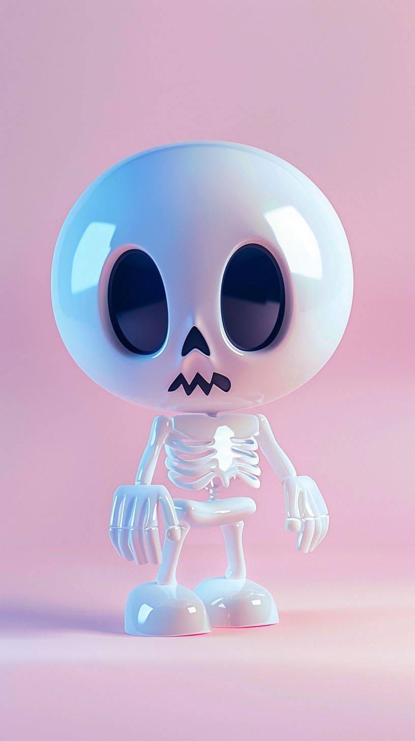 Cute skull toy art with transparent acrylic body covering the bones, 3D icon, white, clay material isometric, 3D rendering, smooth shiny vinyl figure, toy art, realistic use of light and color soft gradient, cute style, glossy, honey style, Nintendo trendy, best details, high definition, high resolution