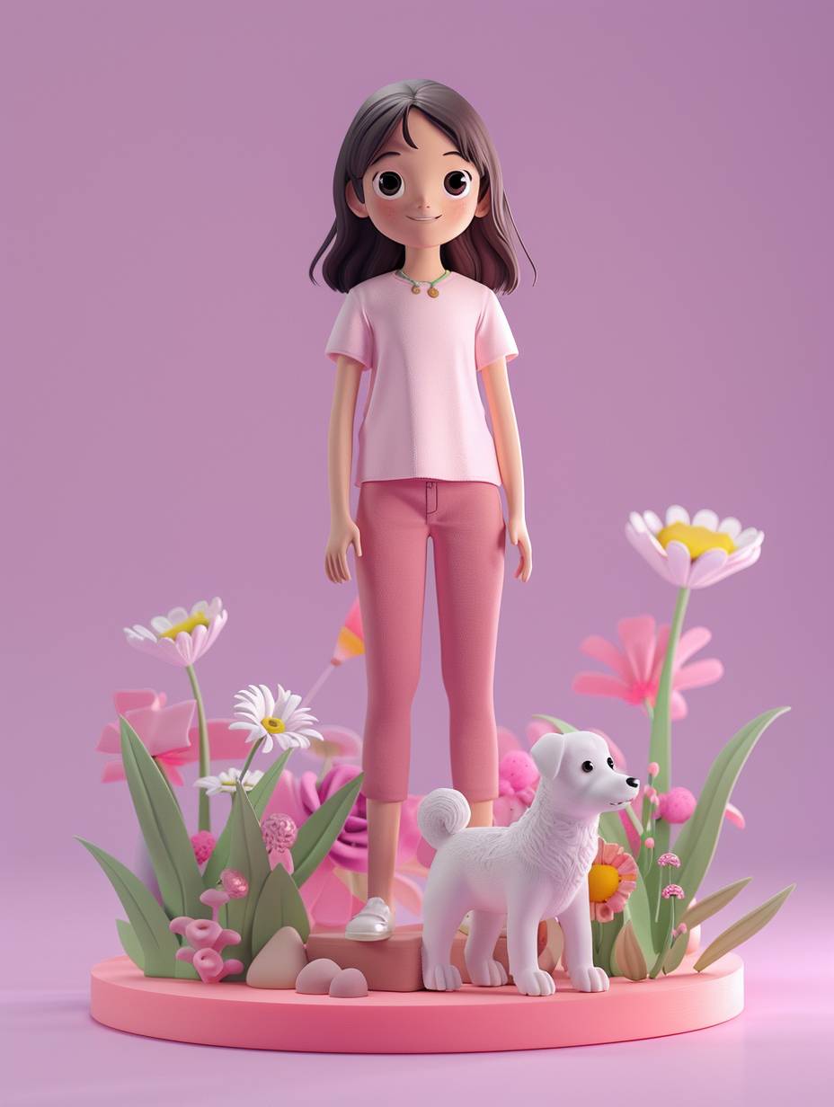 3D rendering in C4D. A cute cartoon style girl stands on a pink base with flowers and a white dog, wearing short sleeves and pink pants against a simple background. 8k smooth rendering with low detail and no fine details. Clean light purple solid color background. Cartoon style rendering with the highest quality and resolution and no shadows.