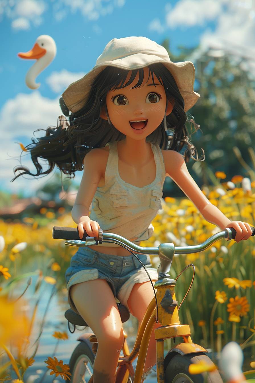 A girl wearing a duckbill hat riding a bicycle, full body, front view, happy, black hair, in a beautiful environment, in the style of light yellow and white, disney animation character, in the style of detailed character design, 3D, Q-version characters, octane render, c4d, blender, zbrush, 8K resolution