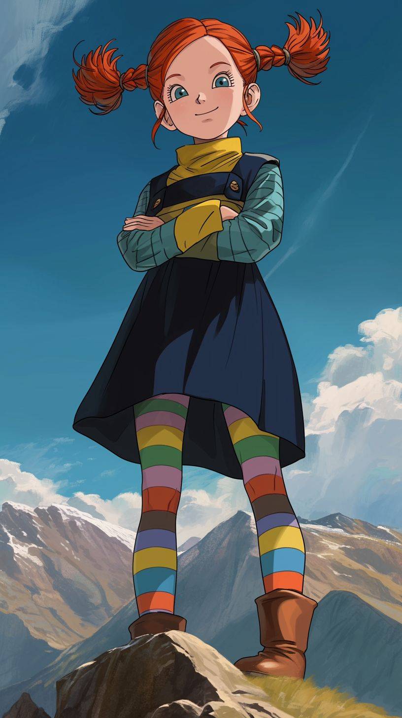 Pippi Longstocking with red hair in pigtails, wearing a blue dress and colorful tights, standing at the top of a mountain smiling, in the style of Akira Toriyama from Dragon Ball Z anime.