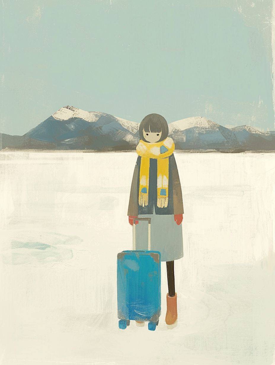 A girl with short hair with a blue suitcase wearing gloves and scarf against a winter landscape background in a simple illustration style. The artwork is a colored pencil drawing with a light gray green color scheme and uses white space to enhance visual impact in the style of Hsiao Ron Cheng. The artwork has influences from children's book illustrations and colorful woodcut printmaking styles with a Chinese cultural theme