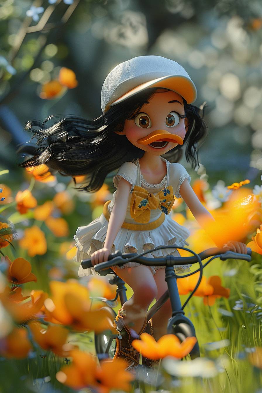 A girl wearing a duckbill hat riding a bicycle, full body, front view, happy, black hair, in a beautiful environment, in the style of light yellow and white, disney animation character, in the style of detailed character design, 3D, Q-version characters, octane render, c4d, blender, zbrush, 8K resolution