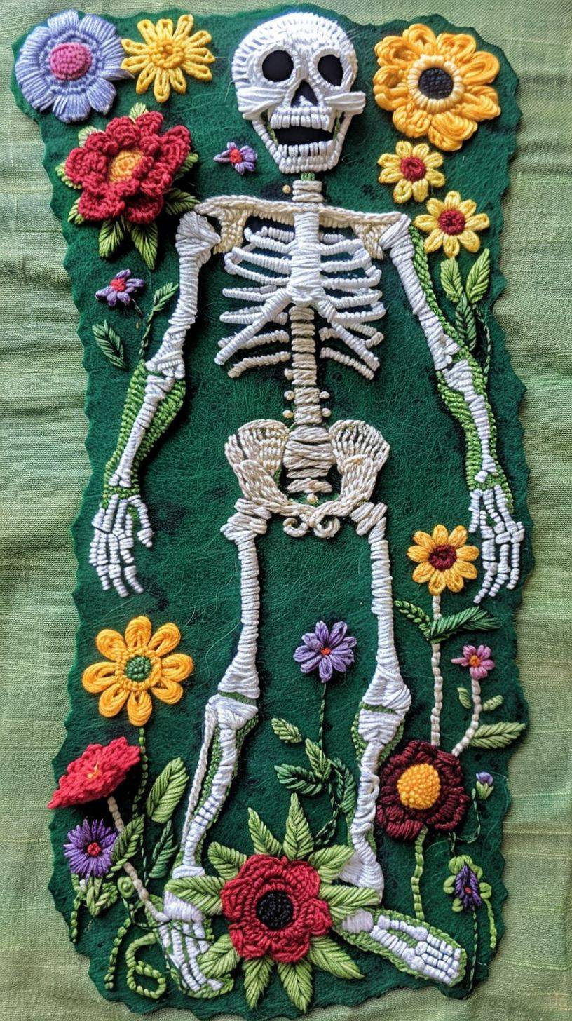 7 tiny white Skeletons evenly spaced, embroidery art, wildflowers flowers, small florals, Mini Skeletons smaller than the flowers, pattern --chaos 30 --aspect ratio 9:16