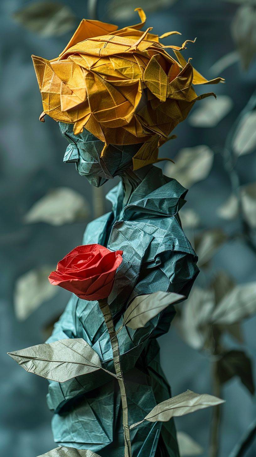 The little prince and the red rose, yellow hair, blue or green clothes, origami art, photo taken with Nikon D750, inventive character designs, Chinapunk, taxidermy, fluorescent colors, paper sculptures