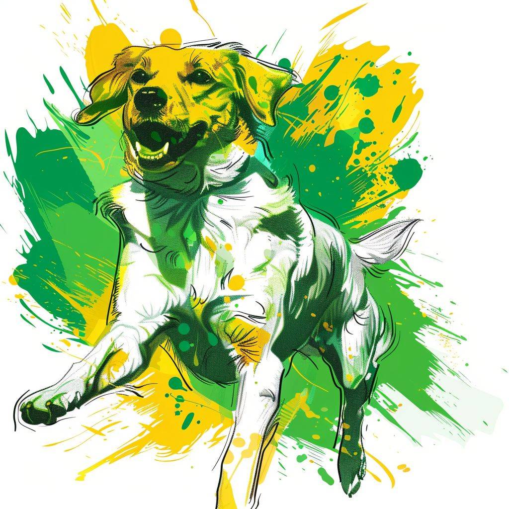ダイナミックなポーズを取ったシンプルなラインアートの犬、活気のある緑と黄色、遊び心溢れるカラースプラッシュ、喜びに満ちた雰囲気、ベクターイラスト、孤立した図形、白い背景