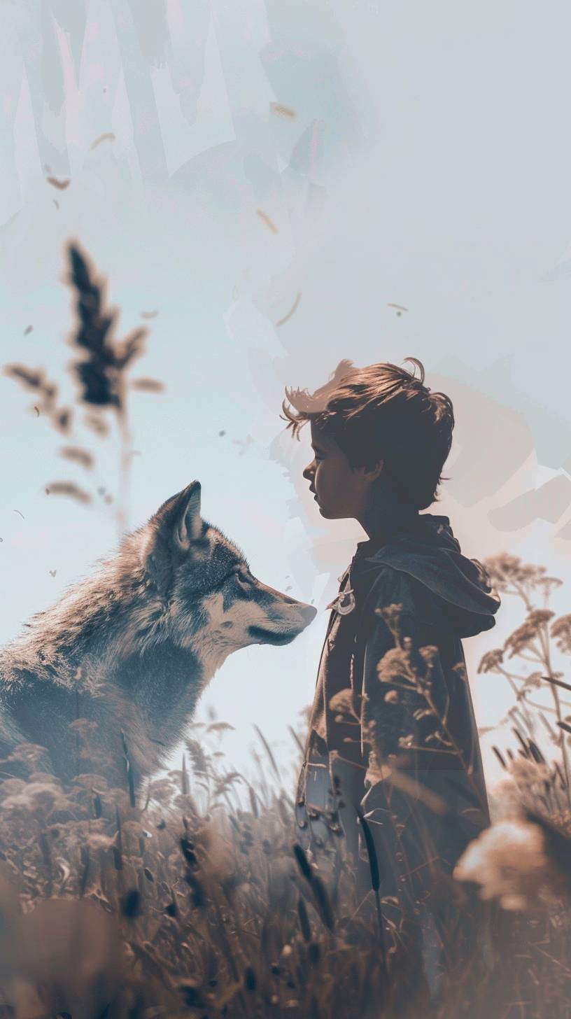 Double exposure style, boy and wolf looking sideway, illustration style, simple detail, simple coloring, in a field, painting style, sky inside boy, field inside wolf, minimal, blurry color, flat illustration