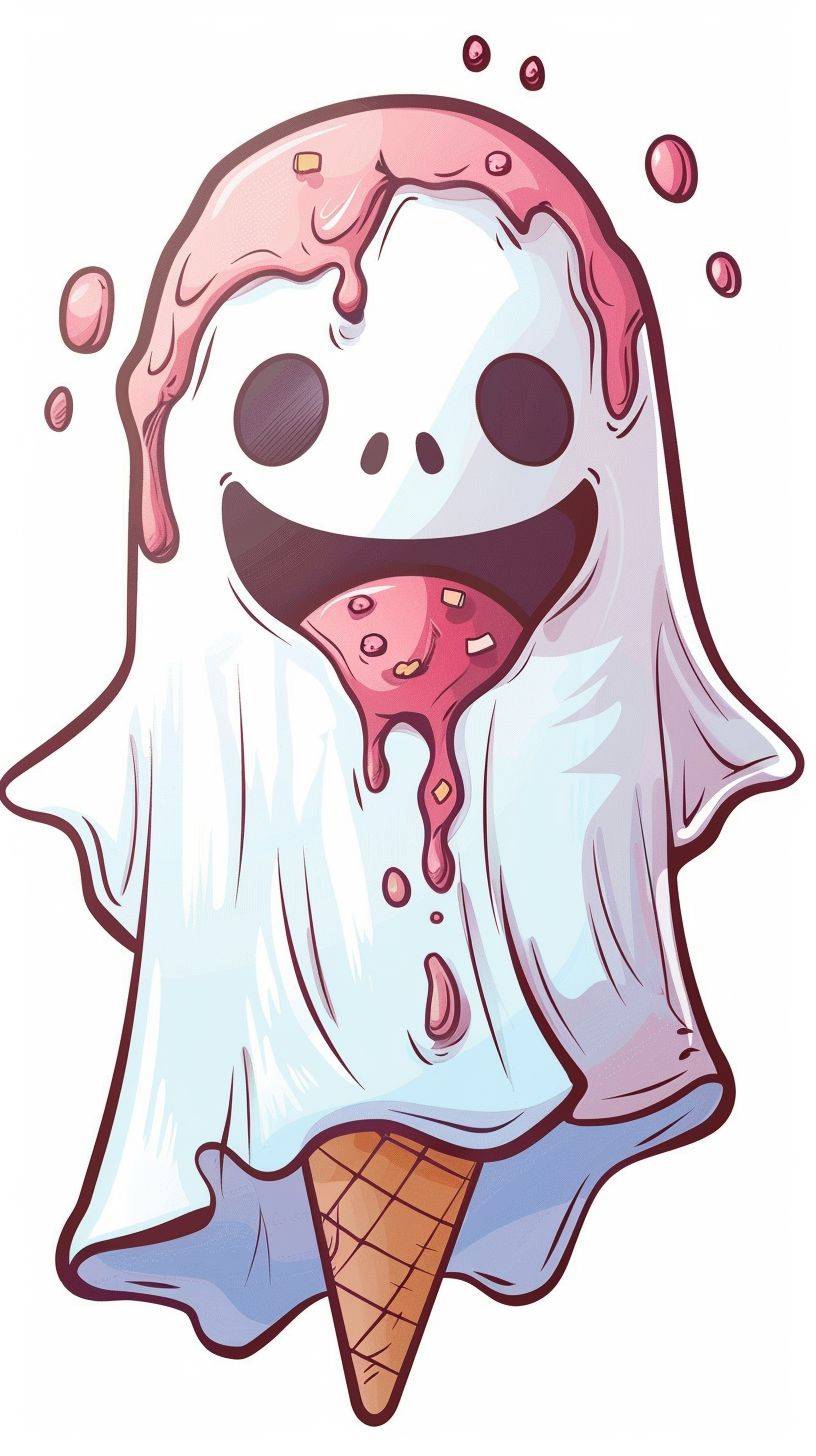 Simple ghost eating ice cream doodle PNG white background
