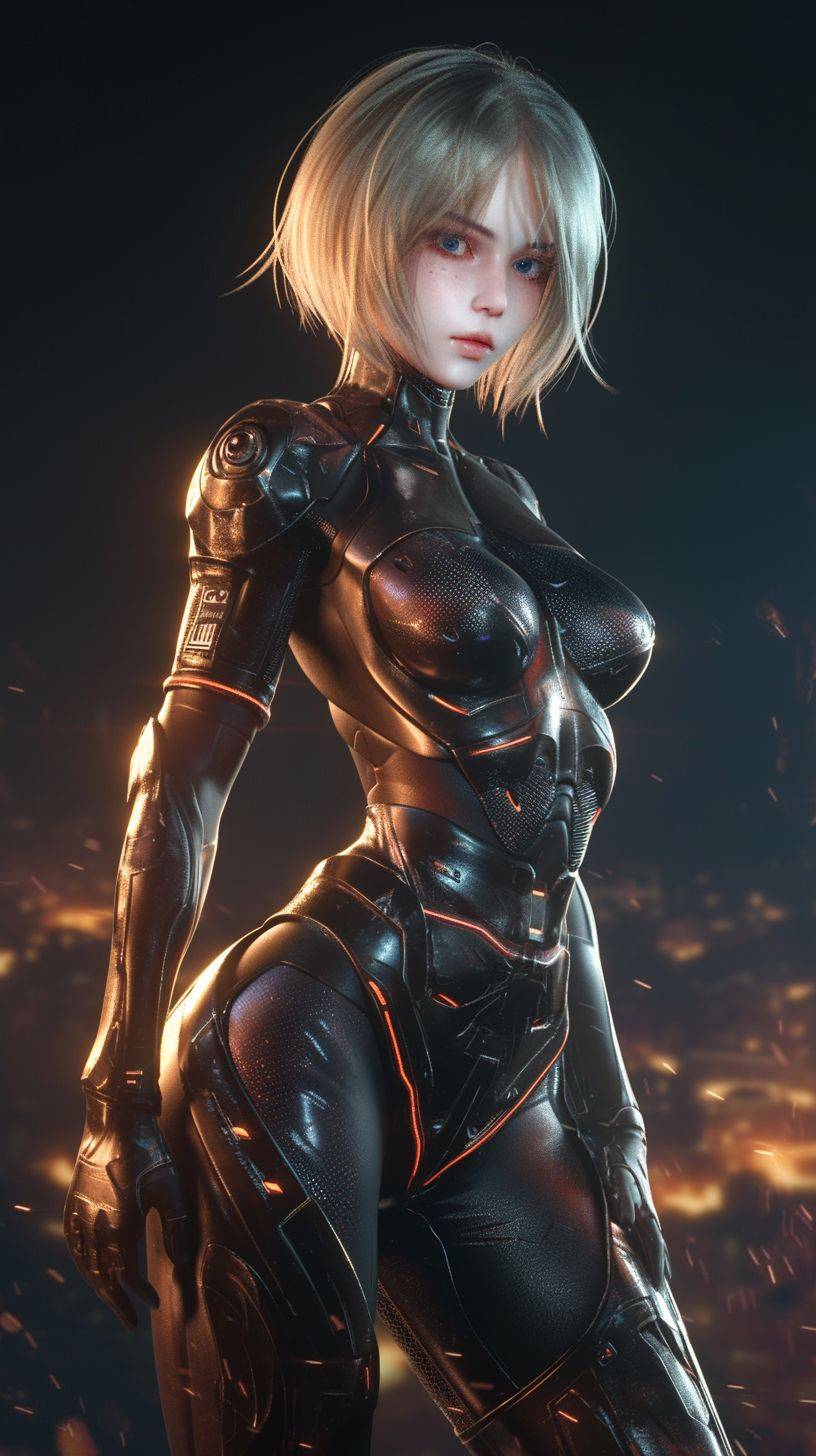 A beautiful anime girl with short silver hair and blue eyes stands in the city of Mars looking at me. She wears an advanced battle suit and her full body is visible. In the style of anime, with ultra detail, full color, high resolution, high detail, high quality, high definition, high sharpness, high contrast. It is a masterpiece with high dynamic range, appearing hyperrealistic, like photography or photorealism. The digital art uses octane render with volumetric light and a bright background. Cinematic lighting and vibrant colors give it a fantasy art style.