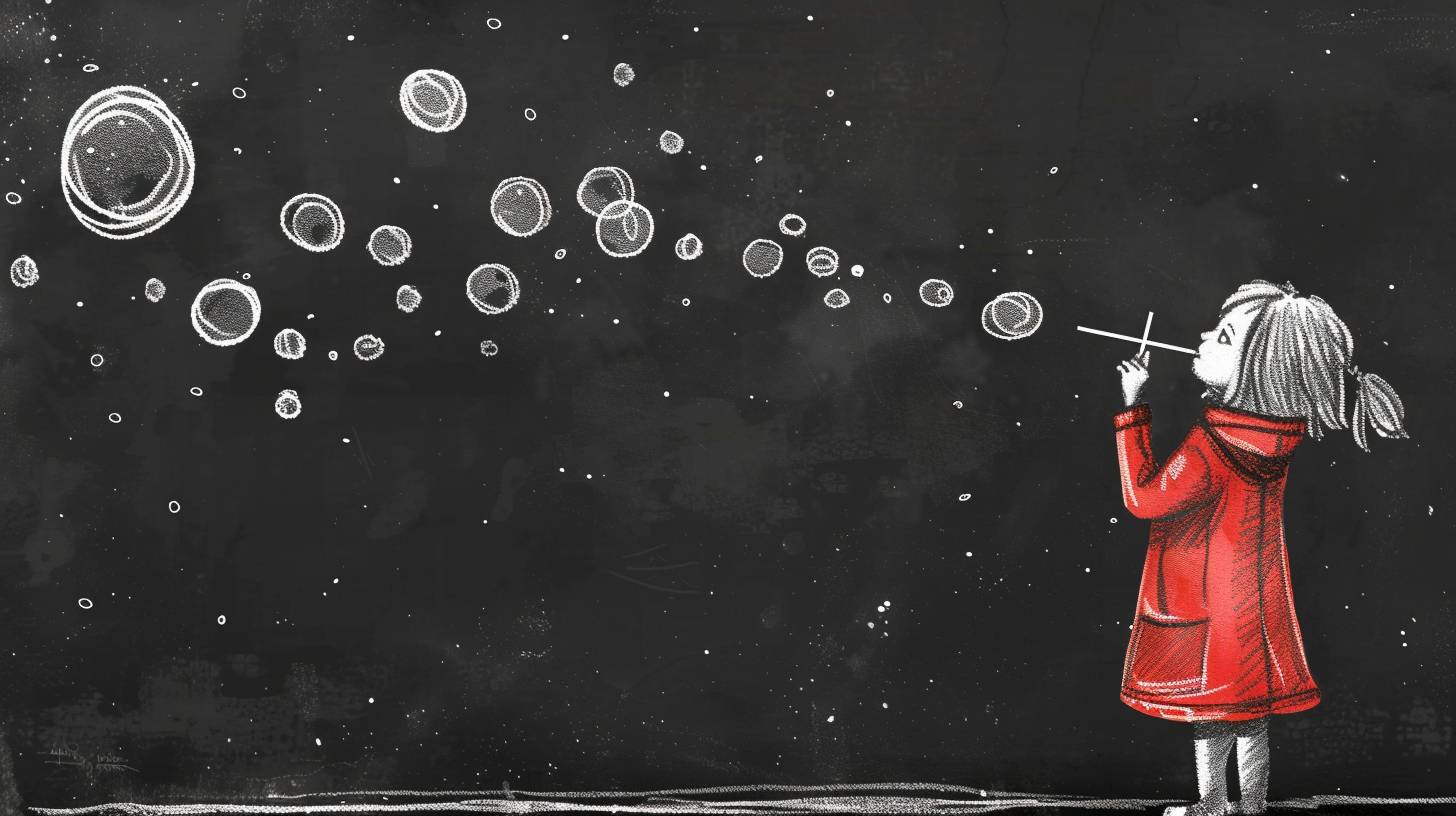 A cute little girl with short hair wearing a red coat is standing at the edge of the picture, holding a straw in her mouth and blowing bubbles. In the middle of the picture, bubbles are blowing out and dancing. This is a children's illustration style, chalk drawing, exquisite picture, simple line-drawing, Blackboard drawing, 8k --ar 16:9 --v 6.0