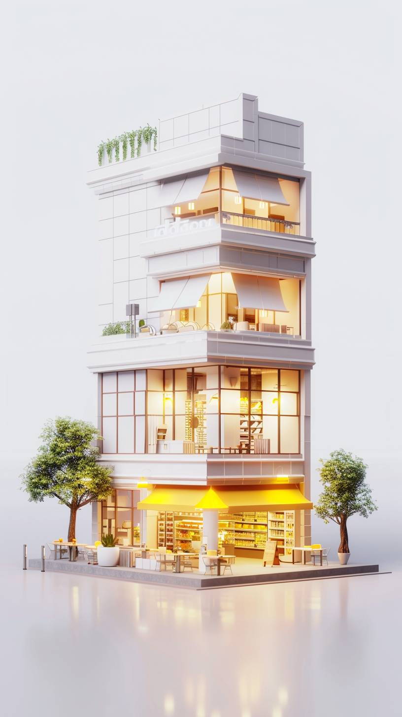 Real isometric 3D render in morning with global illumination of a store building, no colors only white with ambient occlusion and yellow lamps