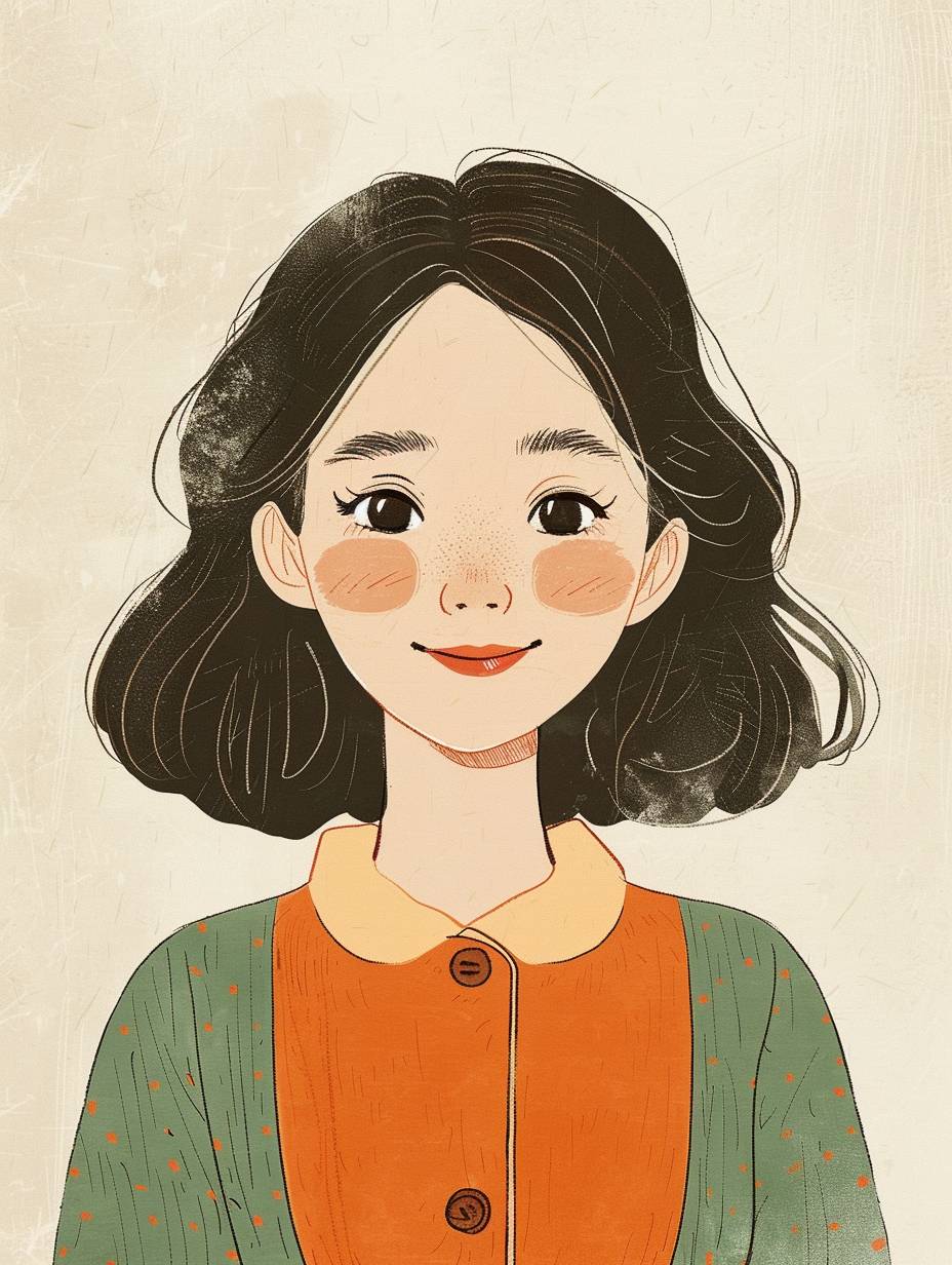 Illustration of a Korean young lady in the style of the 60s, minimalism, smiling