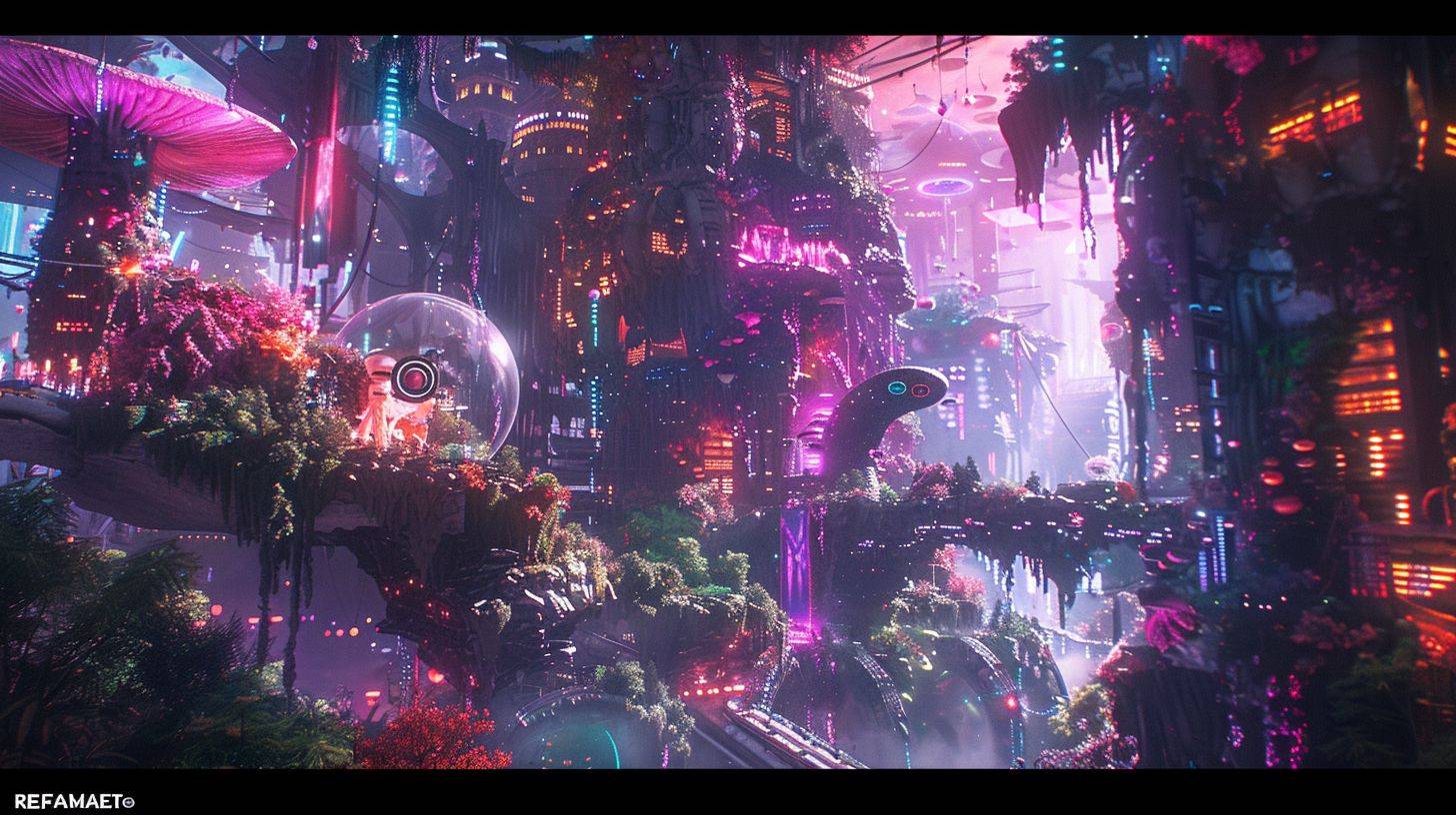 A digital art piece of an alien astronaut with humanlike features, wearing oversized headphones and standing in front of the ruins of his home made from mushrooms and moss, set against a backdrop of colorful, psychedelic landscapes with futuristic buildings and lush greenery. The scene is bathed in soft light that casts gentle shadows on its intricate details, creating depth and texture. In the style of a glitch effect.