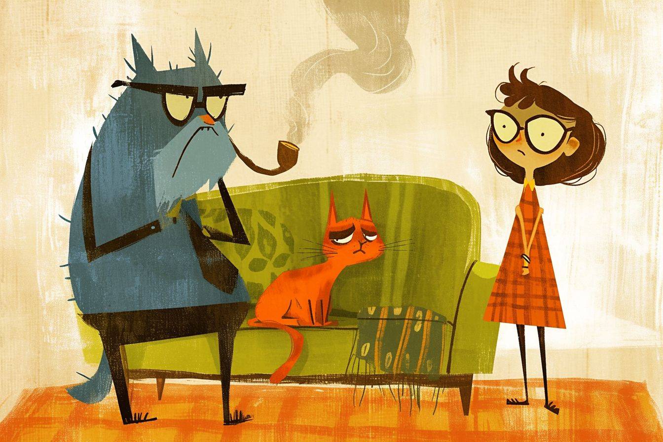 3つのキャラクターが描かれた漫画イラスト。左側のキャラクターは眼鏡をかけたパイプをくわえた青い老犬で、真ん中のキャラクターは緑のソファに座るオレンジ色の猫で、右側には悲しそうな表情の小さな女の子が立っています。子供向け絵本やピクサーのカートゥーンアートスタイルで描かれています。
