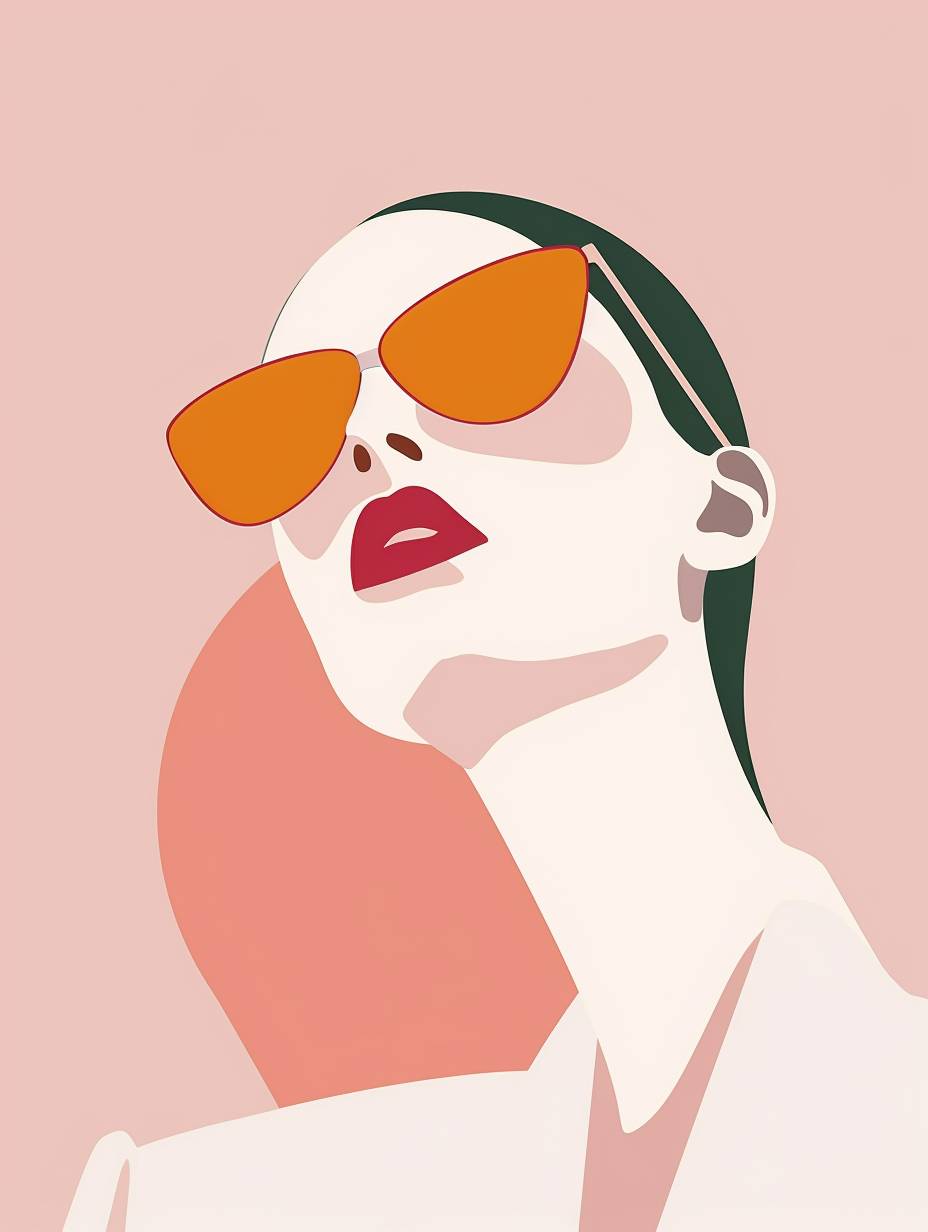 ファッションスタイルの女性、ミニマルなベクターイラスト、3色の組み合わせ、淡いピンクの背景、シンプルなポスターデザイン