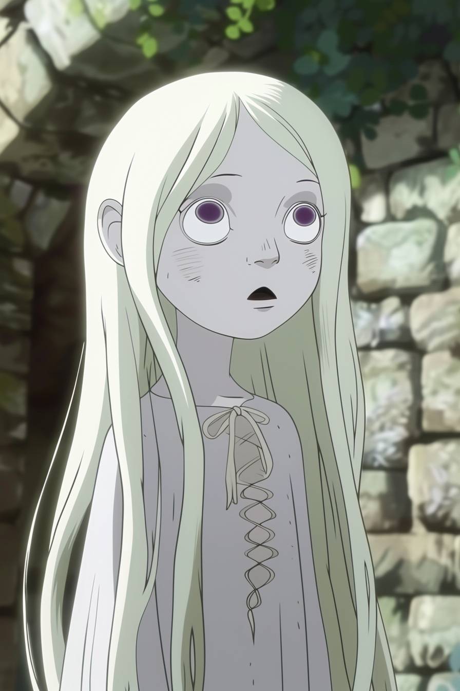 Film frame of pale albino girl with long white hair and light purple eye, large iris, simple cartoon style of Over the Garden Wall
