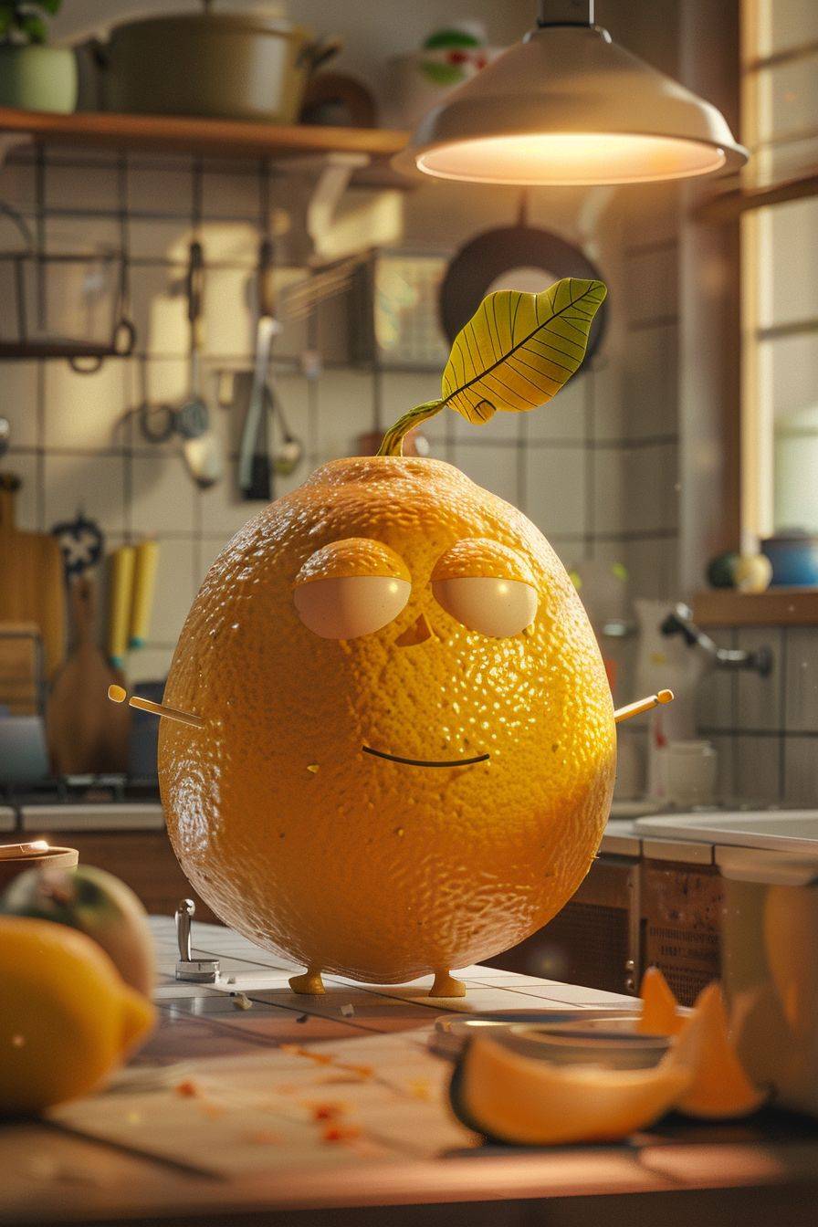 An illustration of Confident Lemon with face and body, in a kitchen, compact, candid shot, Ambient lighting, Laowa Macro Shot, anthropomorphize.
