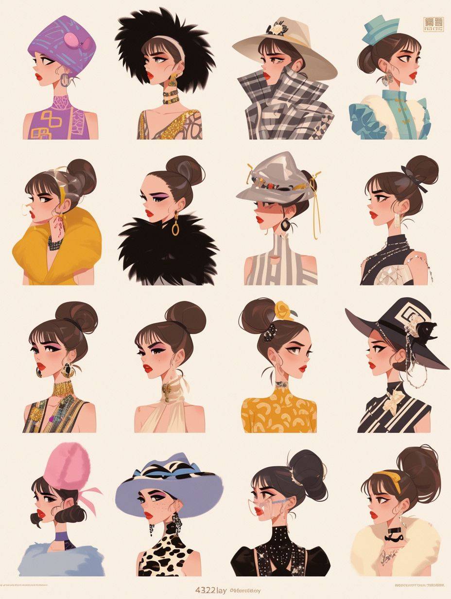 Illustrate the character sheet of fashion icons in cartoon style, showcasing various expressions and poses in the style of TheTanjiro Kamado. Use bold lines to depict different characters with exaggerated features like big eyes or wide smiles, dressed as models from couture brand '432lay'. Highlight their facial details such as freckles on faces, mustaches, hats, scarf, choker, glasses and other accessories. A full page is enough for each panel.