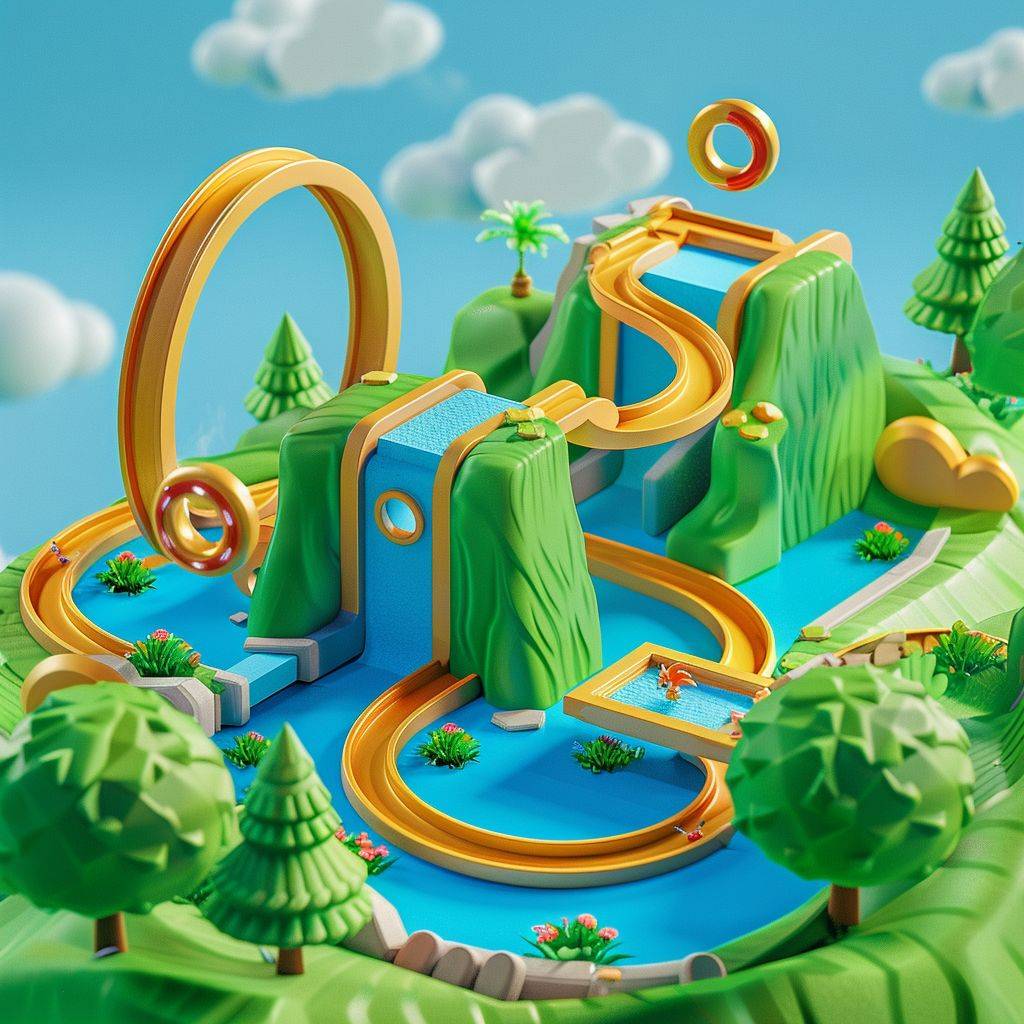 3D isometric illustration of Sonic's Green Hill Zone, with loop-de-loops and rings, game design, cute cartoon, sky blue background, green and gold color palette, bright soft lighting, soft shadows, vibrant colors, high resolution