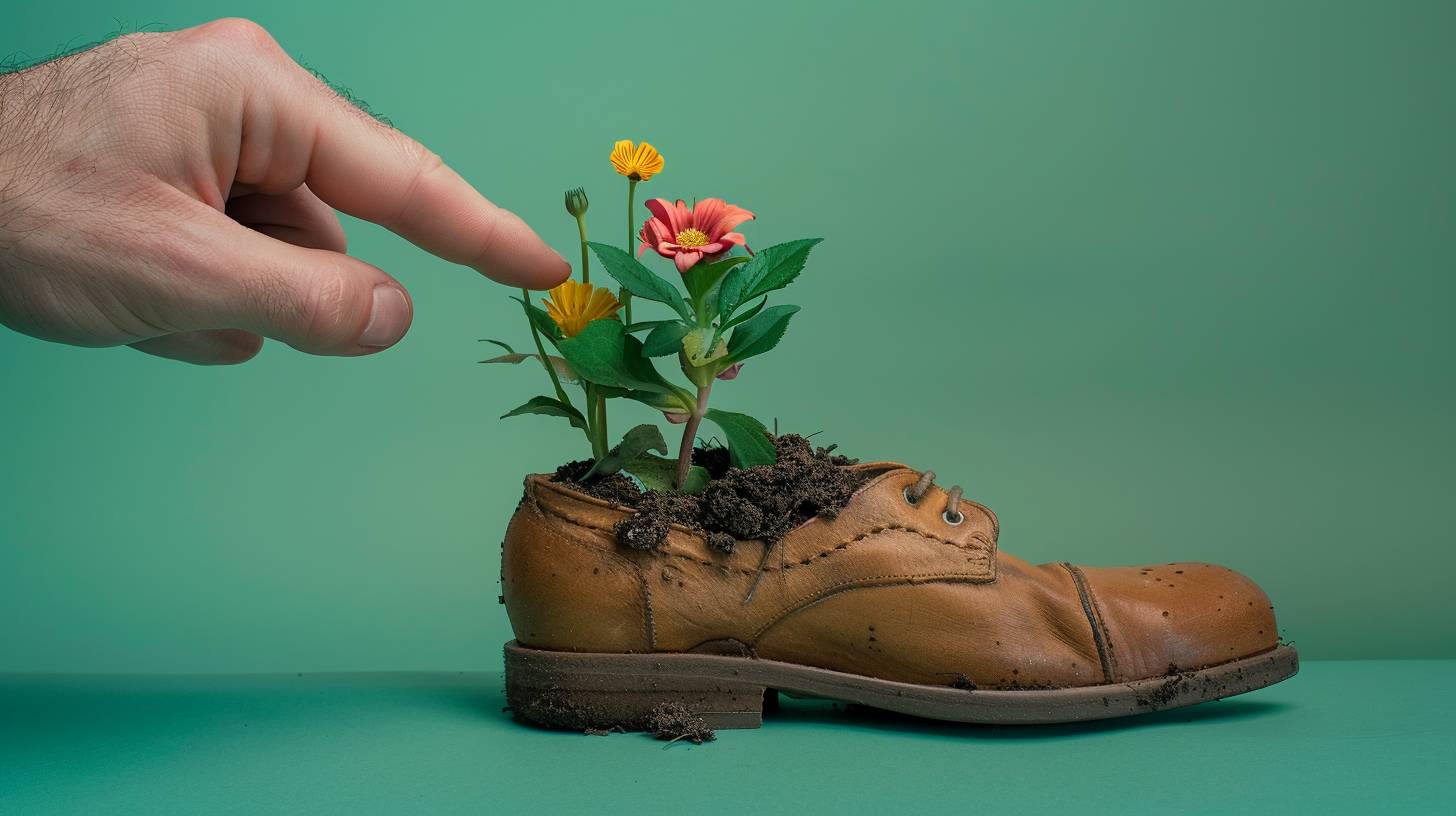 A hand pointing at an open shoe with dirt and flowers growing out of it, green background, studio photography, in the style of Wes Anderson.