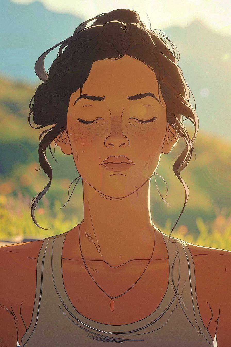 2019 animated DVD screengrab, a beautiful woman face as she does yoga, tired expression, close up shot, 2d animation, hand drawn, Hayao Miyazaki style, vibrant, detailed
