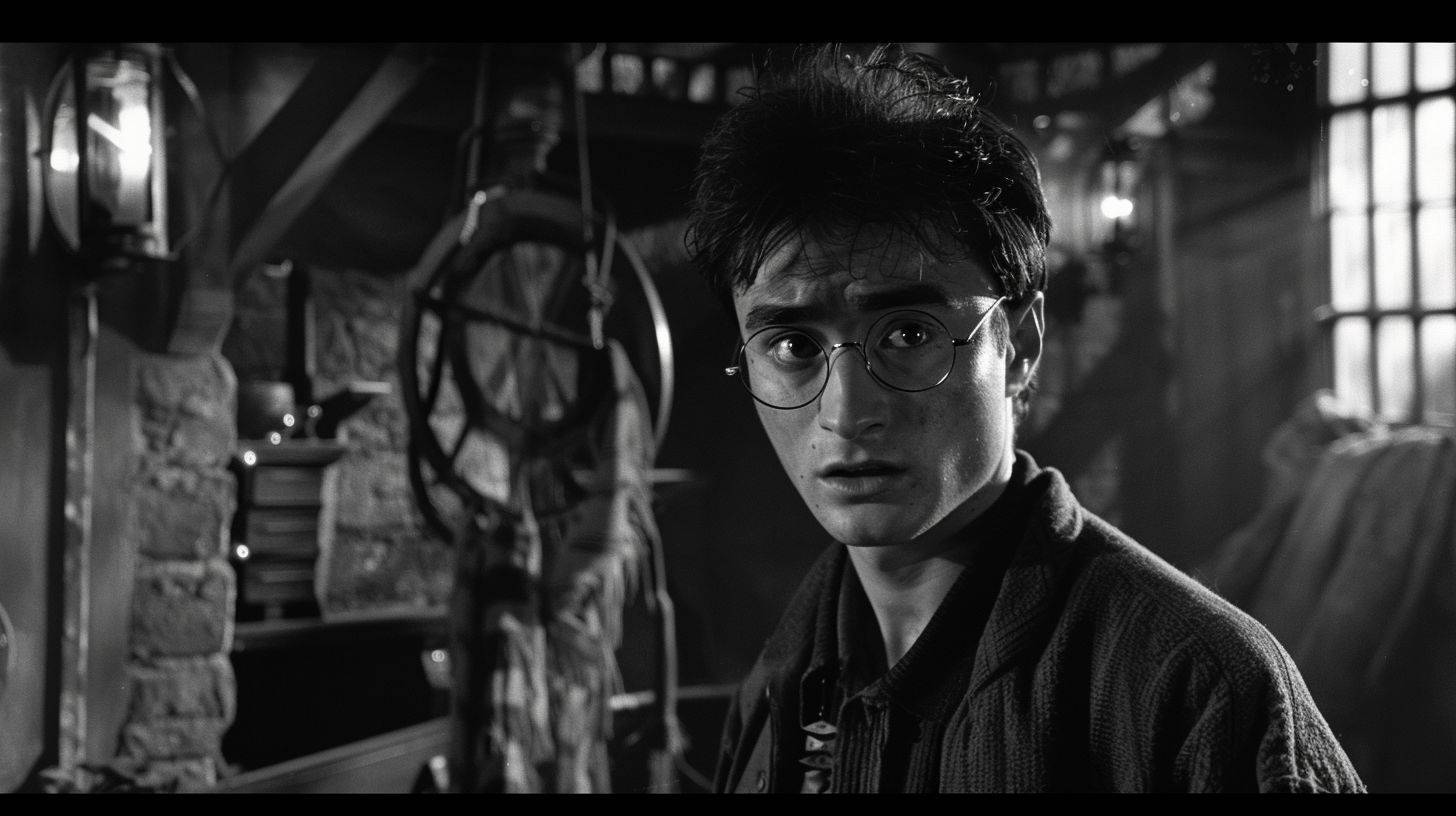 1955 black and white film still, Harry Potter in the style of Akira Kurosawa with Fujifilm --ar 16:9 --stylize 50