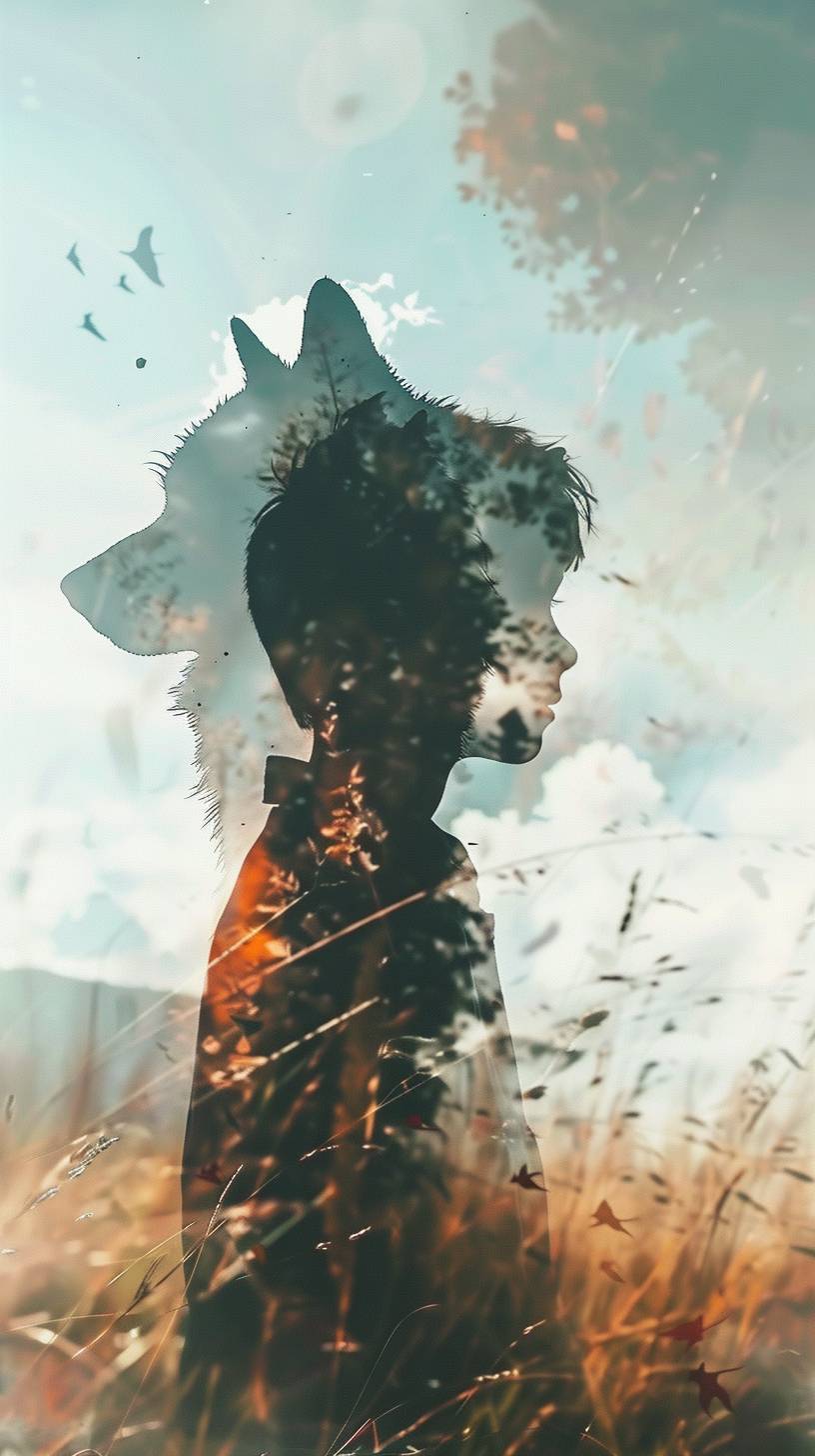 Double exposure style, boy and wolf looking sideway, illustration style, simple detail, simple coloring, in a field, painting style, sky inside boy, field inside wolf, minimal, blurry color, flat illustration