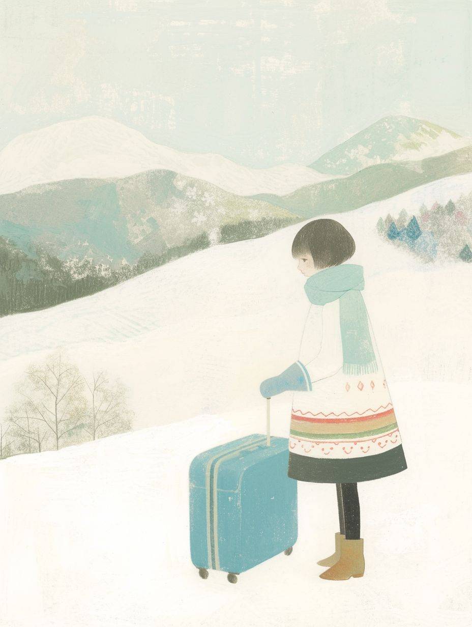 A girl with short hair with a blue suitcase wearing gloves and scarf against a winter landscape background in a simple illustration style. The artwork is a colored pencil drawing with a light gray green color scheme and uses white space to enhance visual impact in the style of Hsiao Ron Cheng. The artwork has influences from children's book illustrations and colorful woodcut printmaking styles with a Chinese cultural theme