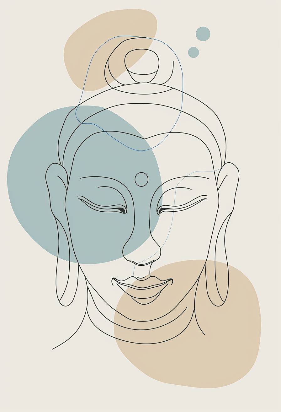 Simple line drawing of a Buddha in blue and white, simple line art in the style of minimalism, clipart on a light grey background