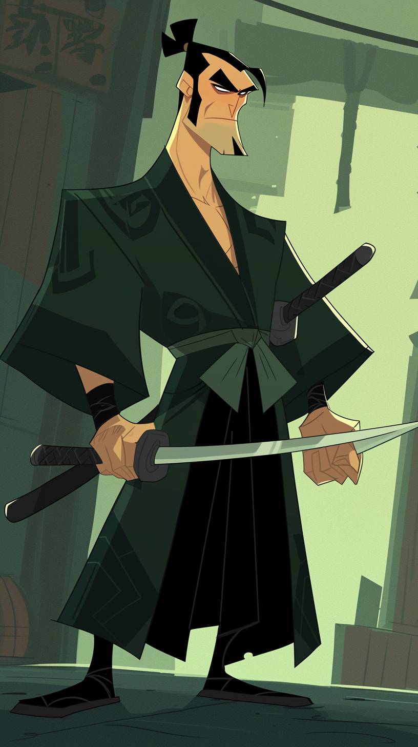 [Choose your character], in the style of Samurai Jack by Genndy Tartakovsky, 2D animation style --ar 9:16 --style raw --niji 6