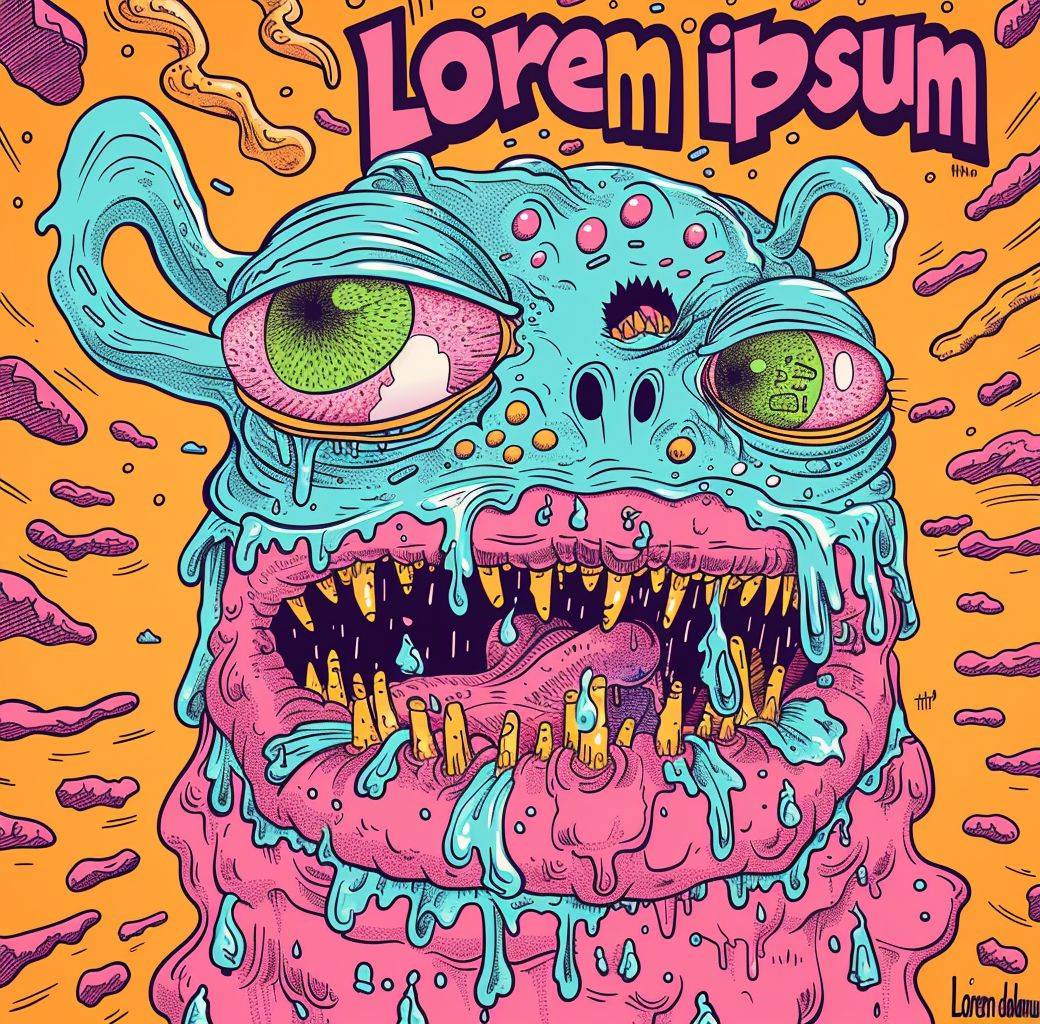 A cartoon drawing of an illustration in the style of Peter Bagge, depicting a melting monster with three eyes and pink lipstick on its lips, with text 'Loremipsum' written around it in a fun font. The background is pink and orange with small green patterns and lines, giving a vibrant and playful vibe to the overall design. A cartoon monster with green eyes, pink skin, and slime dripping from its mouth is on the cover of an album in pastel colors, with text 'Lorem' and 'dolorum' written around it. The background has colorful patterns. In the style of pop art and comic book art. The illustration features bright colors, flat shapes, and bold outlines.