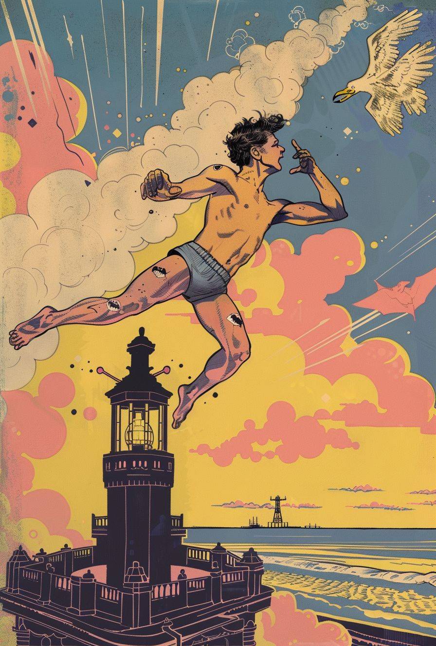 Kevin Warhol is the star of a stylised 1920's art deco comic strip, custard yellow and navy blue with a few pops of pink, pen on paper, detailed, vivid and crisp. Flying DALEKS and robot seagulls are in the sky, they are invading Fleetwood, Lancashire. The 18 year old gymnast Kevin Warhol is wearing tight swimming trunks at the top of The Mount Pavilion in Fleetwood, Lancashire. The flying Daleks are shooting smog at Kevin Warhol. The Pharos Lighthouse in Fleetwood, Lancashire alongside The Blackpool Tower is an impactful silhouette in front of the sunset with a fantastical entertainment centre at the bottom of the building. Kevin Warhol is the prominant image and the hero of this comic strip, he has detailed and intense facial features.