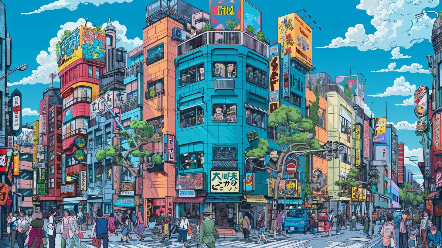 Herge가 틴틴 만화책의 스타일로 그린 도쿄 건물의 생동감 넘치는 상세한 일러스트레이션. 생동감 넘치는 색채, 세부적이고 다양한 인물, 화창한 날씨