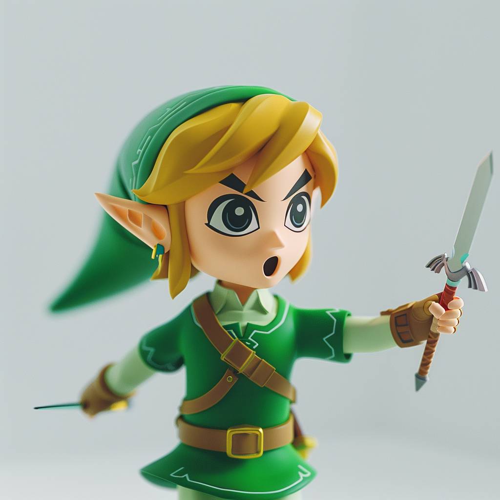 Epic render of Link from The Legend of Zelda portrayed as a music teacher, conducting an orchestra with his Wind Waker baton. The scene is set in a brightly lit studio with soft shadows. Cinematic photography is used, employing an 85mm lens and bokeh effect, resulting in ultra-detailed imagery against a white background, accentuated by dynamic lighting to highlight the vibrant colors.