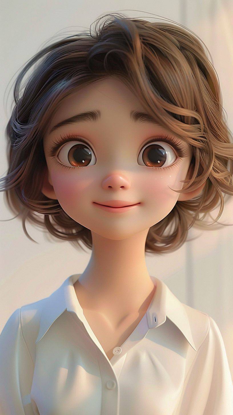 3Dアニメーションで、かわいらしい中国の少女が登場。短く波打つ茶色の髪と大きな目が特徴で、ピクサーのようなスタイル。柔らかい顔立ちで、白いブラウスを着て、カメラに優しく微笑みかけ、遊び心と優雅な美しさを見せています。