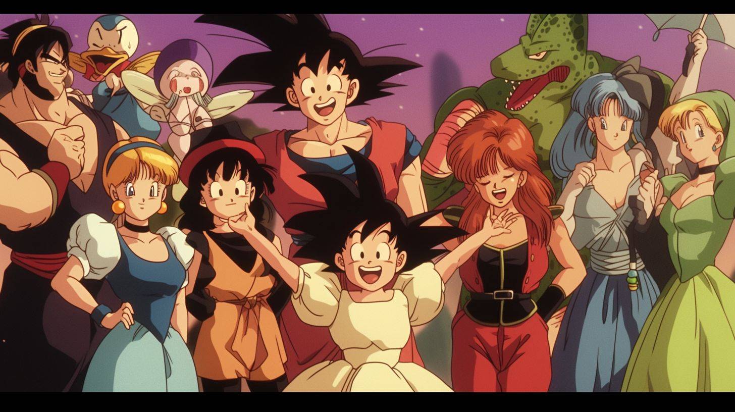 A group of Disney characters such as Cinderella, Snow White, Tinkerbell, and The Little Mermaid portrayed as Dragon Ball Z anime characters. A DVD screengrab showcasing 1990s anime art in the style of Akira Toriyama.