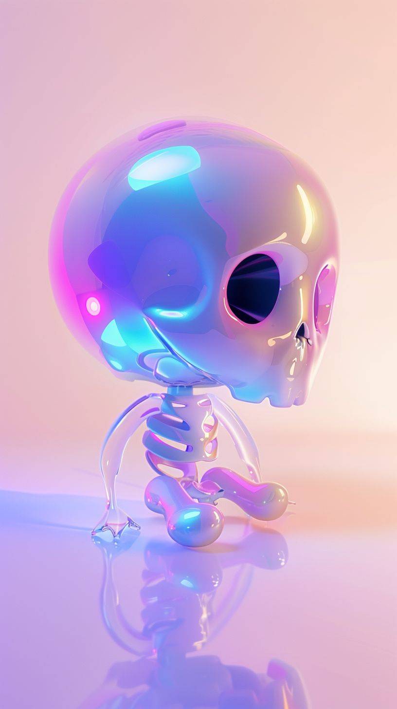 Cute skull toy art with transparent acrylic body covering the bones, 3D icon, white, clay material isometric, 3D rendering, smooth shiny vinyl figure, toy art, realistic use of light and color soft gradient, cute style, glossy, honey style, Nintendo trendy, best details, high definition, high resolution