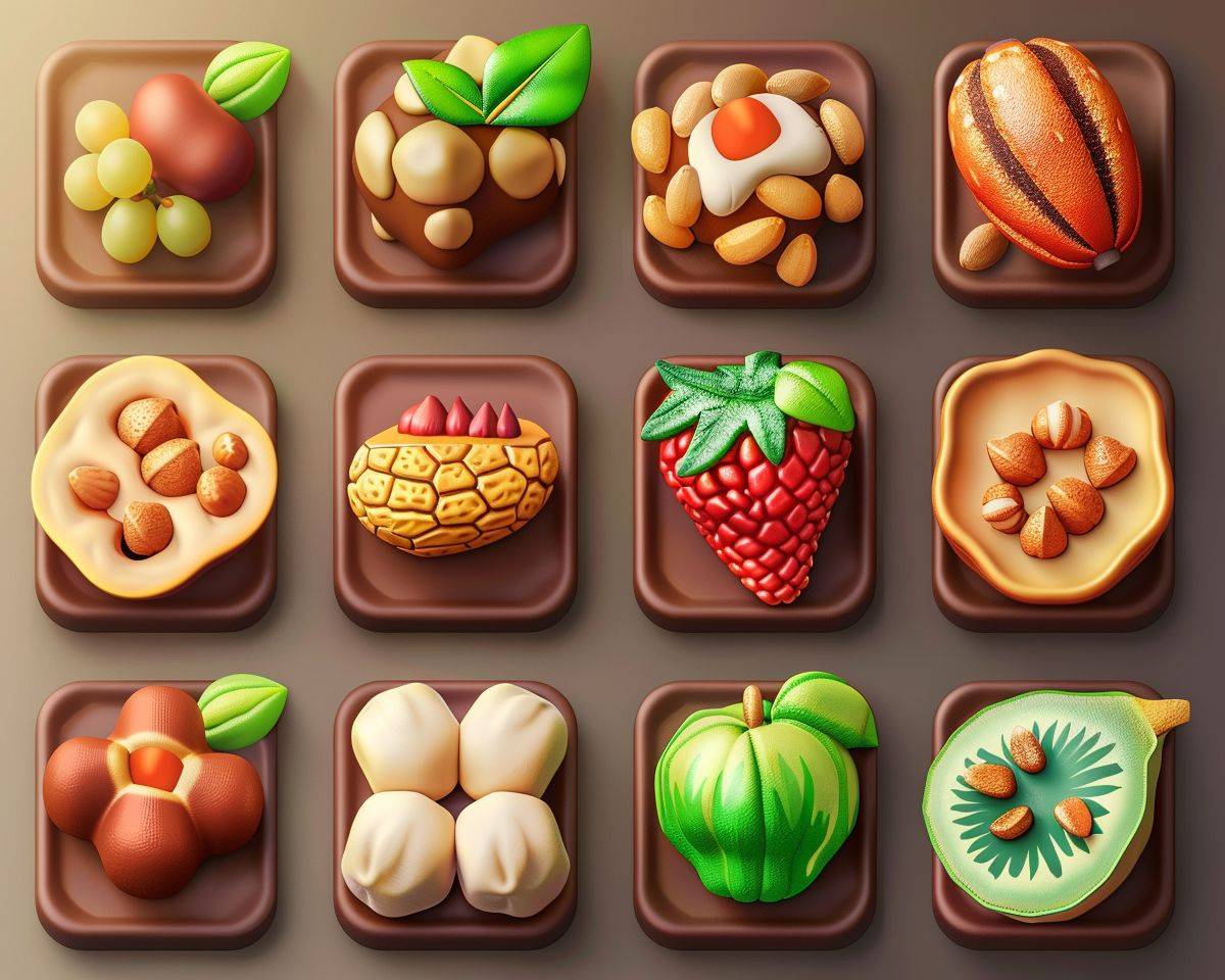 Mobile game 3D icons of multiple nuts versions evolving, levels, icons, mobile game