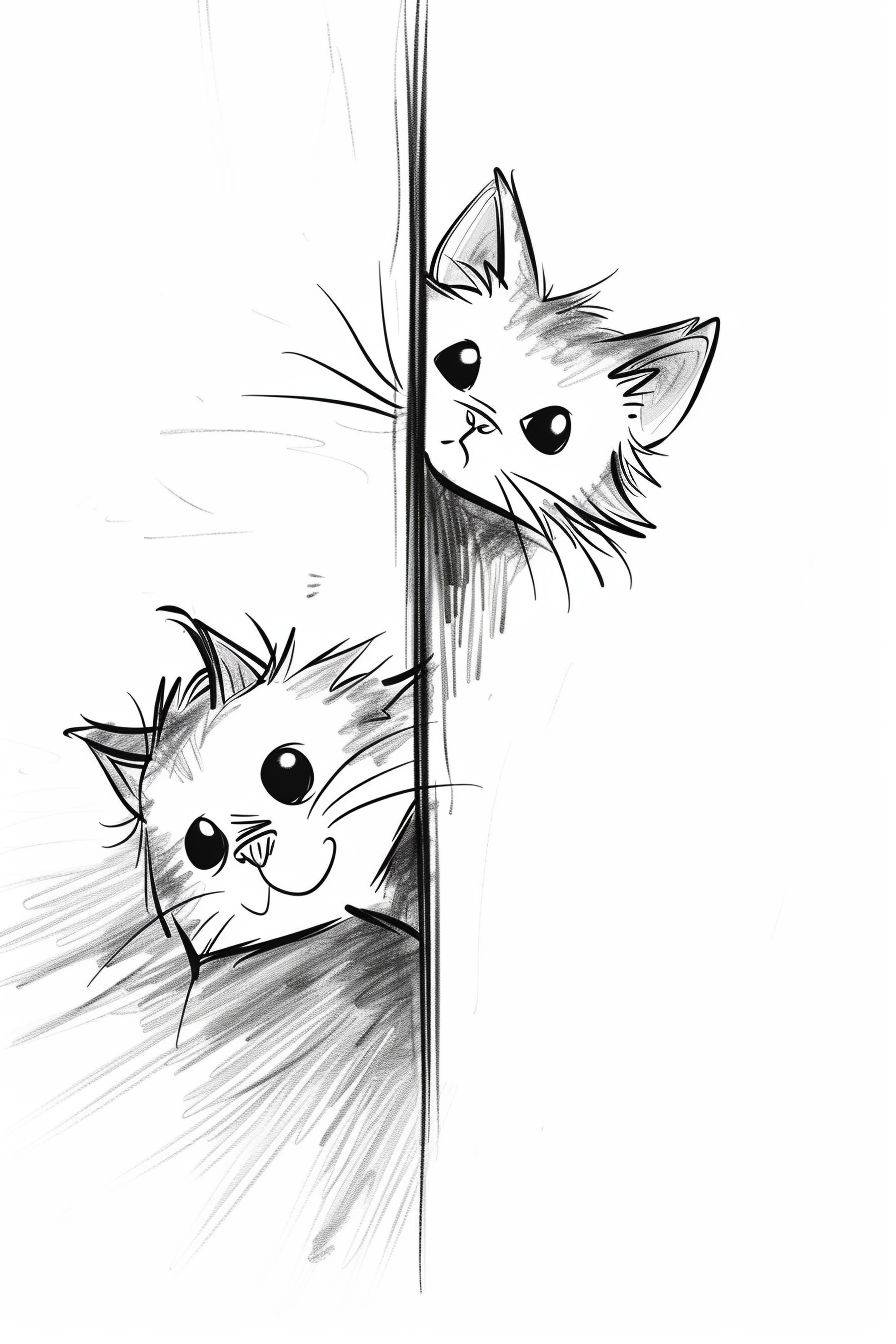 Simple lineart cartoon cats, looking out from around the corner of the wall on a white background --ar 2:3