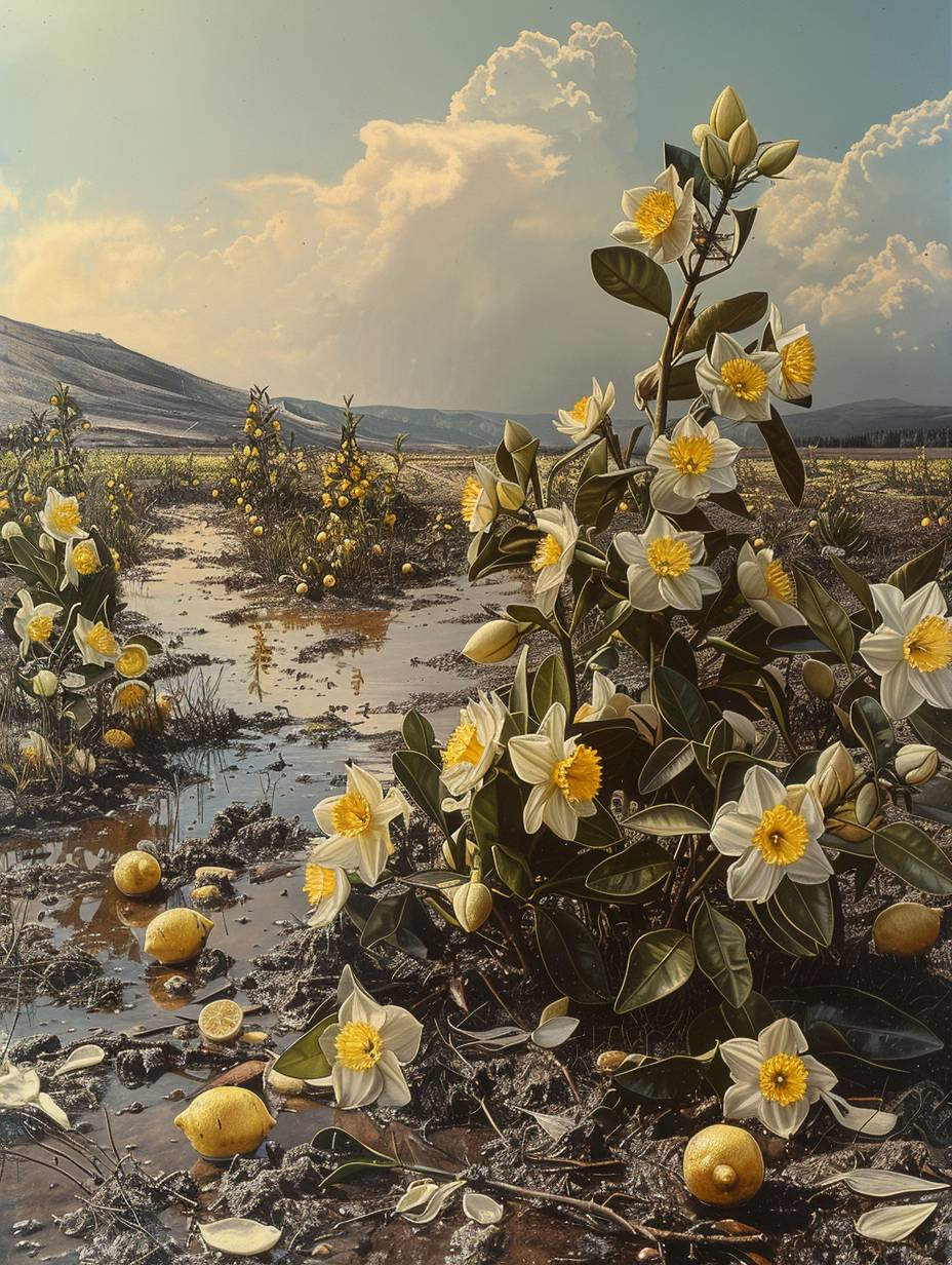 This is a surreal work, with lemons, petitgrain, honeysuckle, jasmine, daffodils, green leaves and wet soil on the ground, surrounded by spring. The scene is set against a warm, serene sky and white clouds, creating a dreamy juxtaposition of organic beauty and the human form.