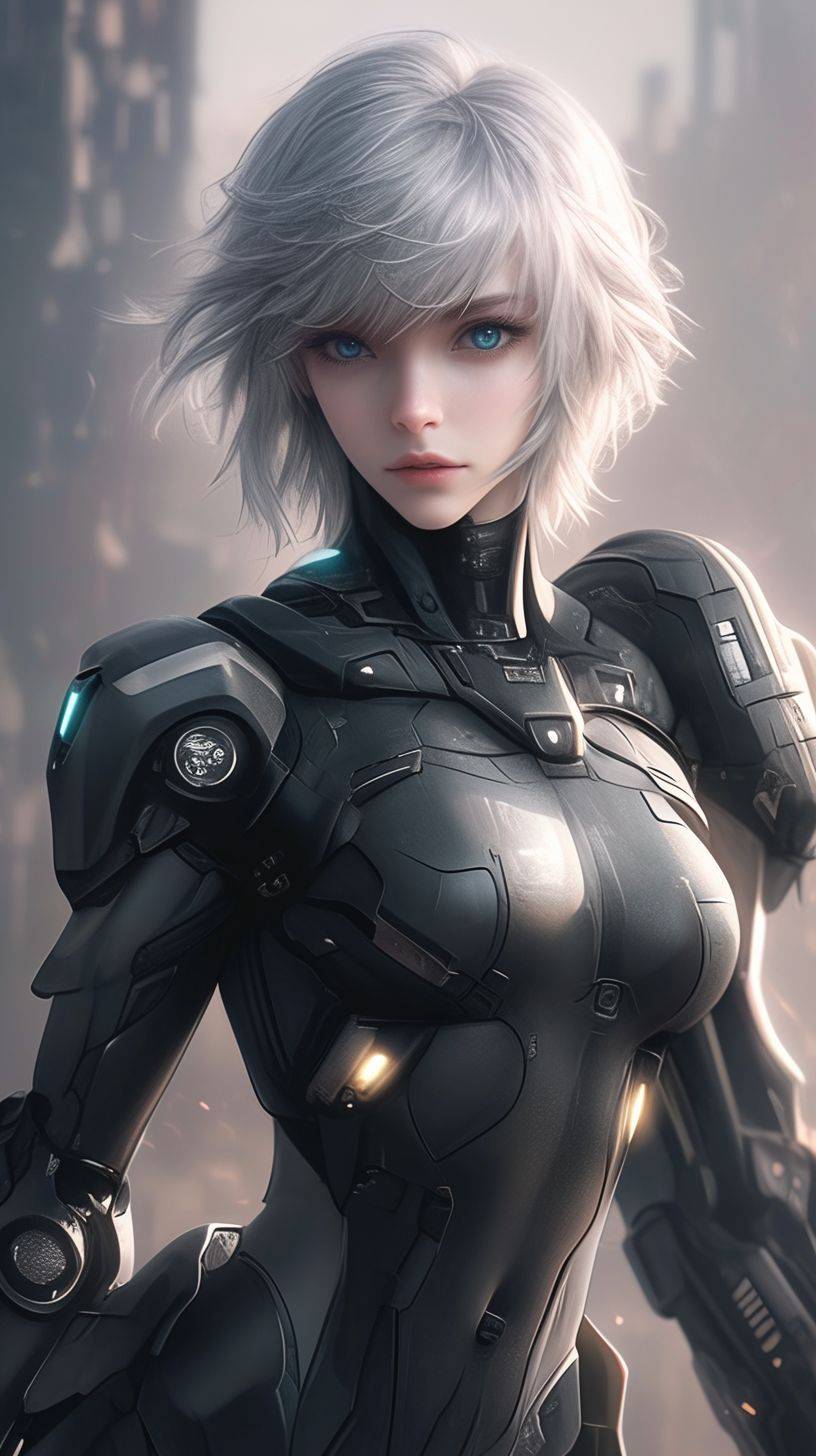 A beautiful anime girl with short silver hair and blue eyes stands in the city of Mars looking at me. She wears an advanced battle suit and her full body is visible. In the style of anime, with ultra detail, full color, high resolution, high detail, high quality, high definition, high sharpness, high contrast. It is a masterpiece with high dynamic range, appearing hyperrealistic, like photography or photorealism. The digital art uses octane render with volumetric light and a bright background. Cinematic lighting and vibrant colors give it a fantasy art style.