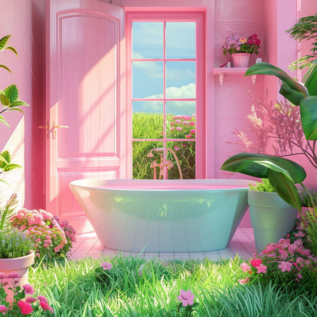 A cute bathroom with a bathtub, a green pastel grass floor, a big window showing a nature landscape view, a pink door, flower pots on the ground, vibrant colors, in the style of fantasy.