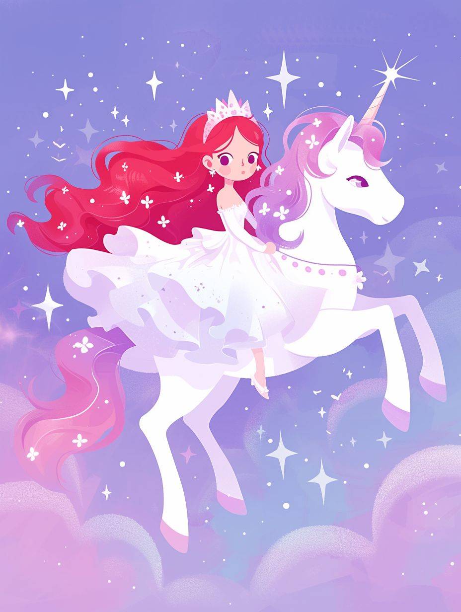 A little fairy riding a unicorn. She is wearing a white dress and has long red hair with pink highlights. The background sky has stars shining in a blue-purple tone. The style is of a children's book illustration - simple, cute, full color with light shadowing and high resolution, high detail, and high definition.