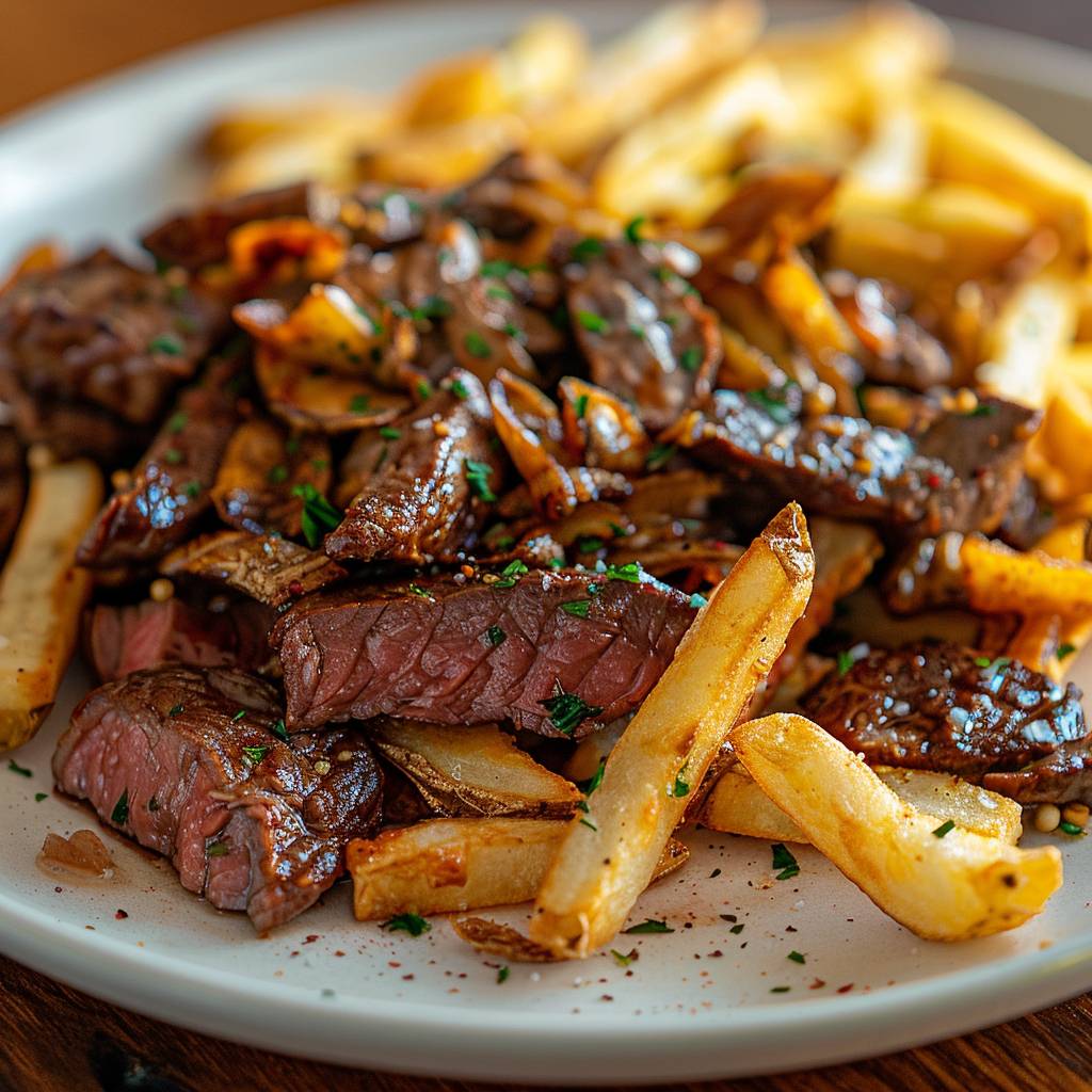 Extreme close up of fries with fresh beef steak on a white plate, tasty food photo for commercial and advertising catalogue, restaurant photography