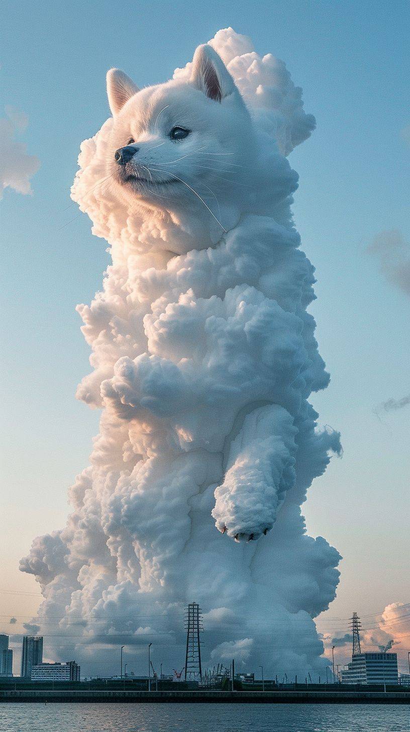 この画像は、朝日が昇る空に漂う奇妙な赤ちゃん柴犬の形をした雲を描いています。この真っ白な柴犬の形をした雲は巨大で、そのふわふわとした白い体は全体に独特の犬の形をしています。雲のような髭が顔から伸びており、目は小さな黒い点です。顔をこするような仕草まで細かく描かれており、巨大な犬が雲の台座に座って、地平線の向こうを見つめているかのように見えます。地上では、東京のお台場が見えます。明るい朝日が、小さな積乱雲の点在する明るい青い空に照らされています。逼真で写実的な、16kです。
