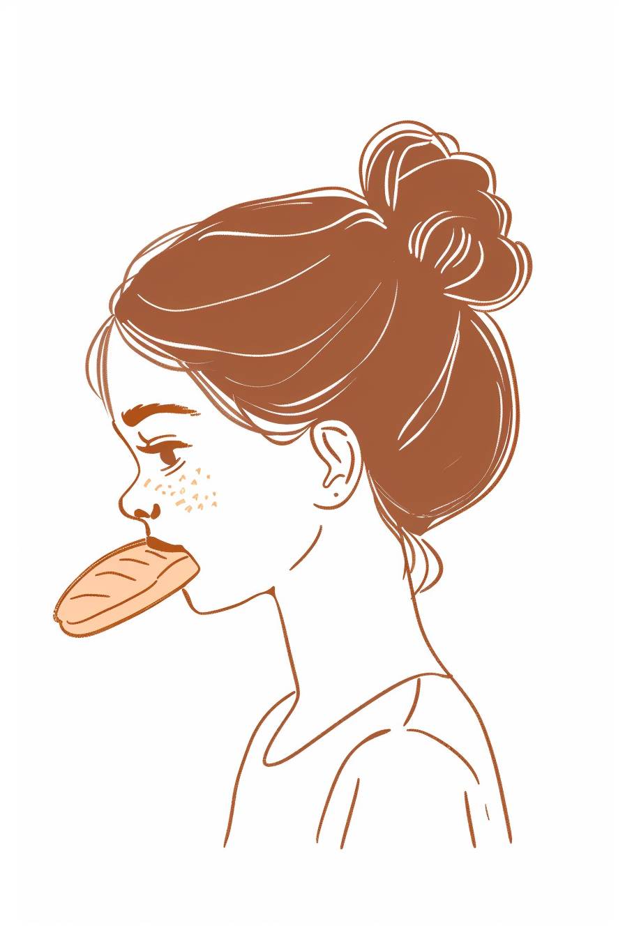 Cute, cartoon style little girl, bread in girl's mouth, bakery logo, side profile view, simple line drawing, white background, vector illustration, minimalist line art style