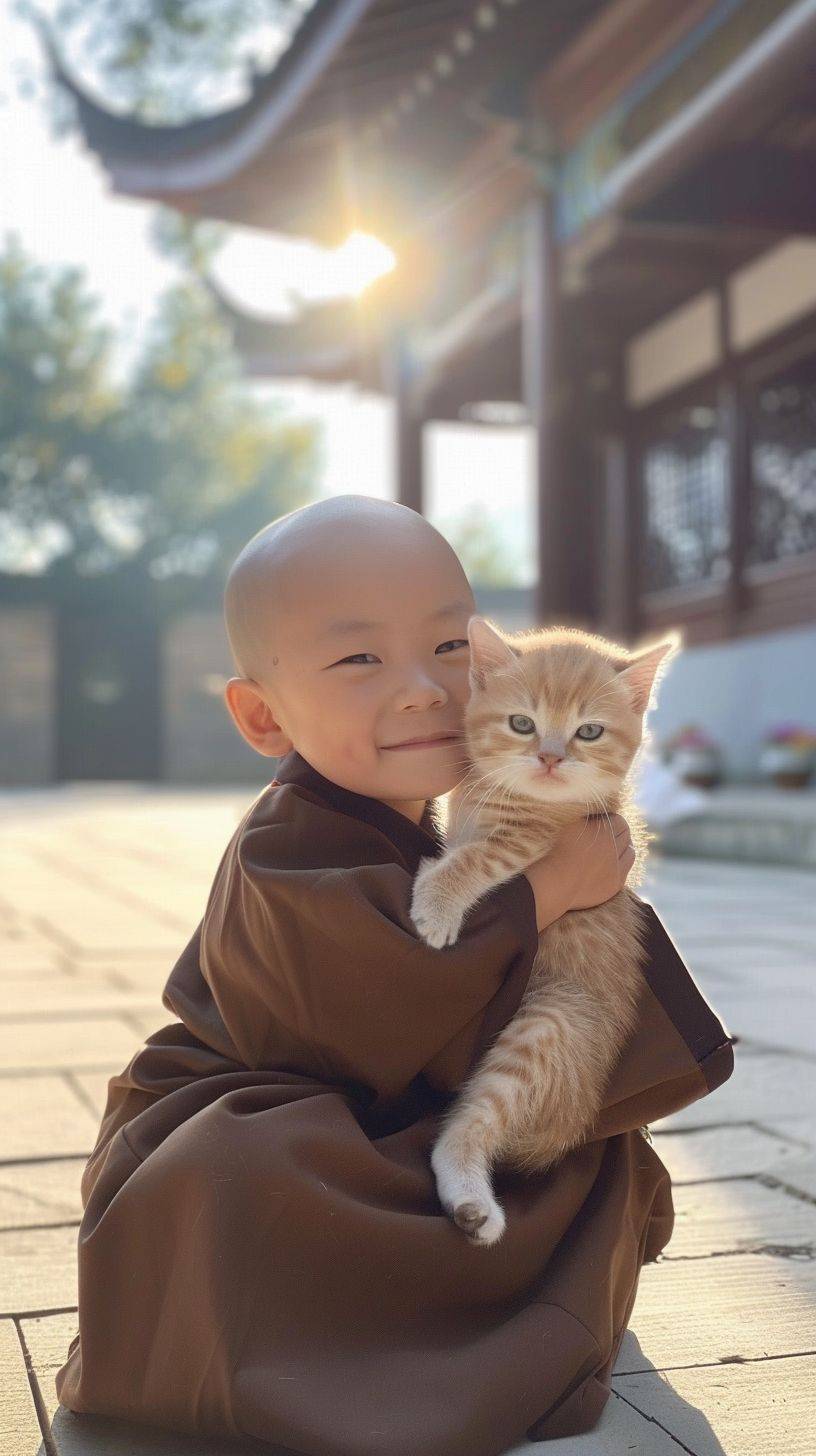 晴れた朝、大きな目を持つ毛皮のない中国のかわいい坊主3歳が、暗褐色の仏教の衣を着たまま、白くて丸々太って、微笑みを浮かべて座禅を組み、かわいい子猫を抱いている様子を外で太陽の光の中に座って、前方を向いている、実際の写真、太陽が彼の顔を照らしている。