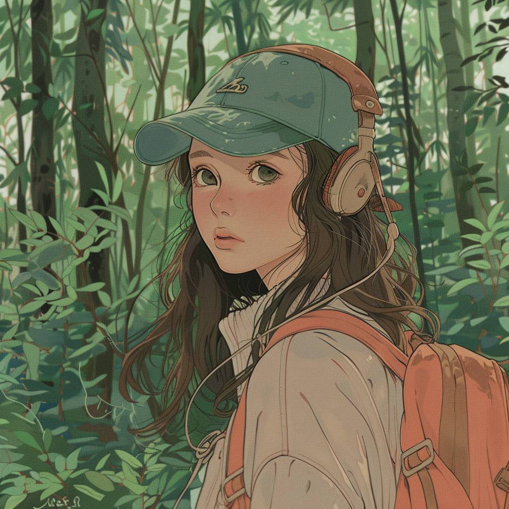 1980s anime, a photographer capturing wildlife in a lush forest, retro fashion, muted pastel colors, cozy atmosphere, detailed facial features